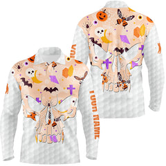 Maxcorners Mens golf polo shirt orange Halloween pattern custom skull golf ball shirt for men, best men golf wear