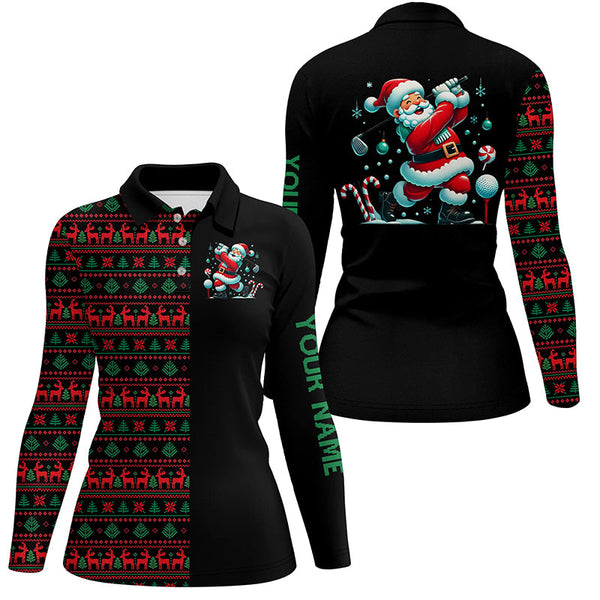 Maxcorners Christmas pattern black Womens golf polo shirt custom Funny Santa golfer golf attire for ladies