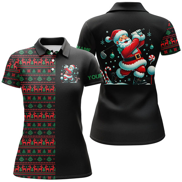 Maxcorners Christmas pattern black Womens golf polo shirt custom Funny Santa golfer golf attire for ladies