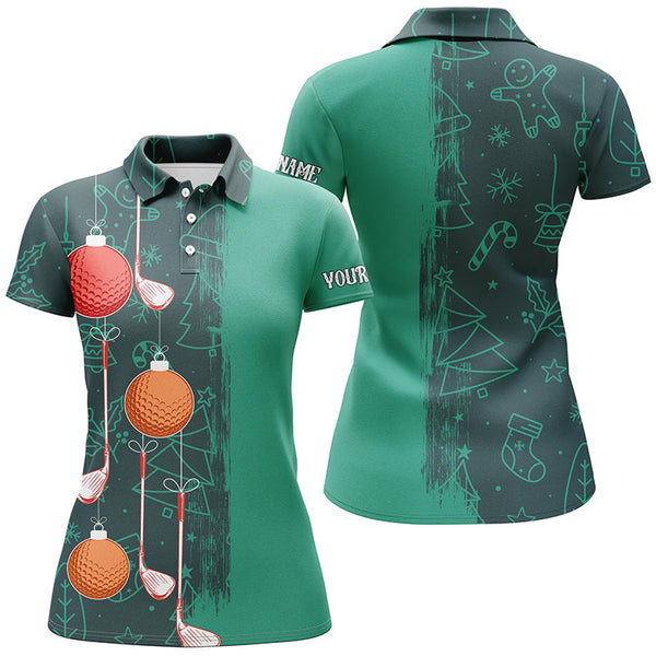 Maxcorners Green Christmas Golf pattern Womens golf polo shirt custom Xmas golf outfits, personalized golf gift