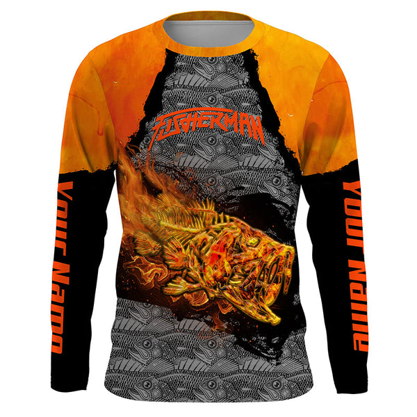 Maxcorners Fire Bass Skull Fishing Customize Name 3D Shirt