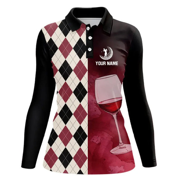 Maxcorners Black and red wine argyle pattern Womens golf polos shirts custom golf shirts for ladies