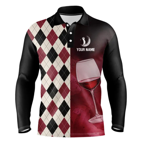 Maxcorners Black and red wine argyle pattern Mens golf polos shirts custom golf shirts for mens