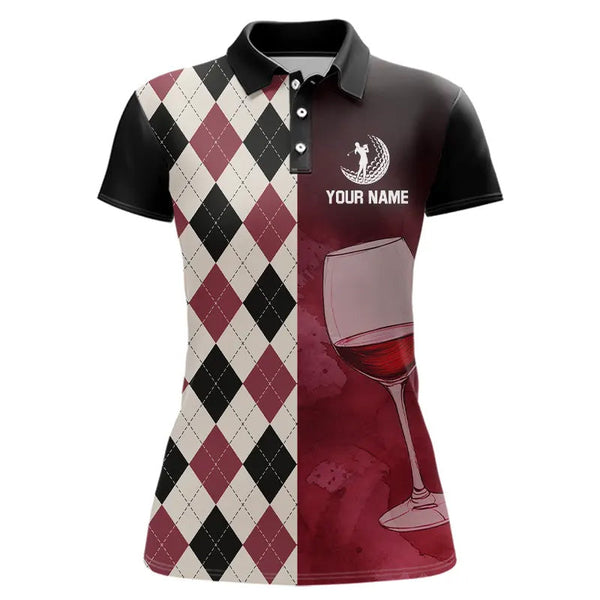 Maxcorners Black and red wine argyle pattern Womens golf polos shirts custom golf shirts for ladies