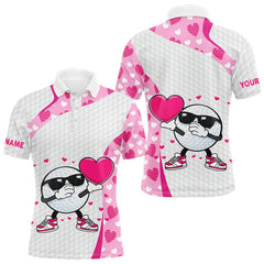 Maxcorners Personalized funny golf ball pink heart pattern white Mens golf polo shirts, Valentine golf gifts