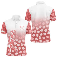 Maxcorners Personalized pink heart pattern white Mens golf polo shirts, custom Valentine golf gifts for him