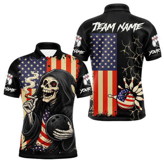 Maxcorners Custom American Flag Skull Bowling shirts For Men, patriotic team Bowling jerseys gift for bowlers