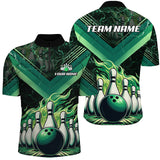 MaxCorners Bowling And Pins Green Flame Customized Name, Team Name 3D Polo Shirt For Men