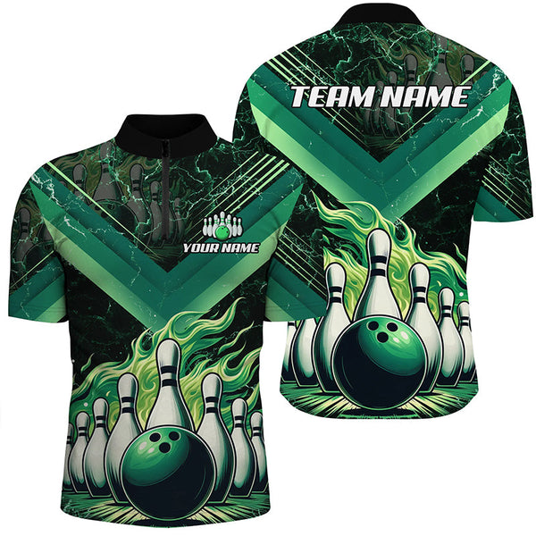 MaxCorners Bowling And Pins Green Flame Customized Name, Team Name 3D Polo Shirt For Men