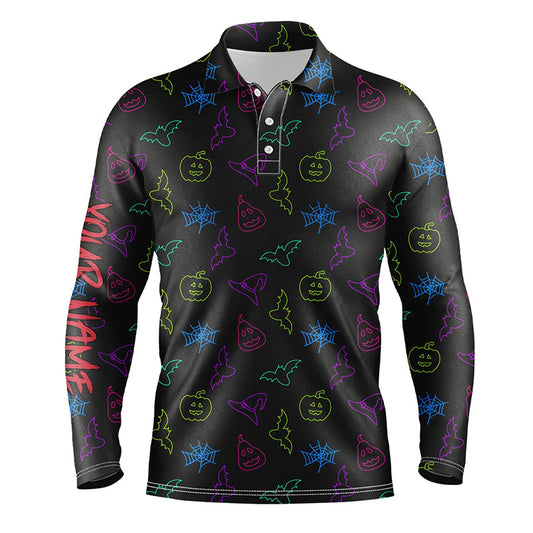 Maxcorners Colorful neon Halloween pattern black Mens Golf Polo Shirts Custom golf attire for men golfer gifts