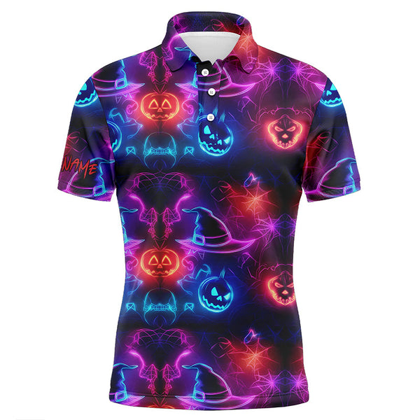 Maxcorners Vibrant neon witch hat pumpkins Halloween Mens Golf Polo Shirt Custom golf attire for men golfer gifts