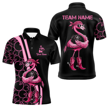 Maxcorners Funny Cute Pink Flamingo Custom Black and Pink Bowling Shirts For Men, Flamingo Bowling Team Outfits