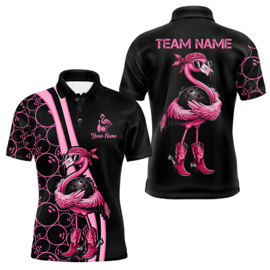 Maxcorners Funny Cute Pink Flamingo Custom Black and Pink Bowling Shirts For Men, Flamingo Bowling Team Outfits