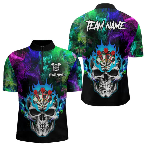 Maxcorners Colorful Smoke Skull Darts Shirts For Men Custom Team Darts Jerseys, Best Darts Gift For Player