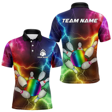 Maxcorners Mens Bowling Shirts Custom Colorful Rainbow Lightning Thunder Bowling Ball And Pins Team Bowler Jersey Lm243