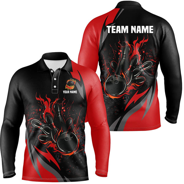 Maxcorners Custom Black And Red Flame Bowling Shirts, Bowling Ball and Pins Team Bowling League Jerseys