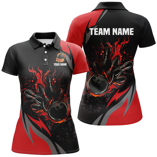 Maxcorners Custom Black And Red Flame Bowling Shirts, Bowling Ball and Pins Team Bowling League Jerseys