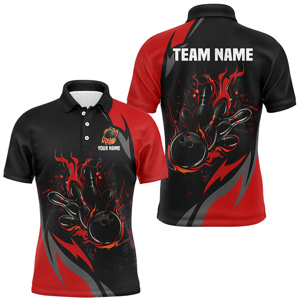 Maxcorners Custom Black And Red Flame Bowling Shirts, Bowling Ball and Pins Team Bowling League Jerseys