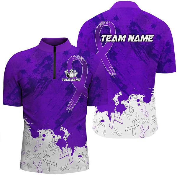 Maxcorners Personalized Purple Ribbons Pattern Bowling Shirts, Custom breast cancer bowling shirts