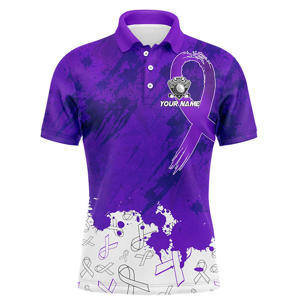 Maxcorners Purple Ribbons pattern Mens golf polo shirts custom men's breast cancer awareness polo shirts