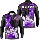 Maxcorners Personalized Purple Ribbons Grunge Bowling Shirts, Custom breast cancer bowling Team shirts