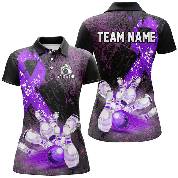 Maxcorners Personalized Purple Ribbons Grunge Bowling Shirts, Custom breast cancer bowling Team shirts