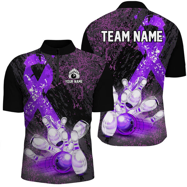 Maxcorners Personalized Purple Ribbons Grunge Bowling Shirts, Custom breast cancer bowling Team shirts