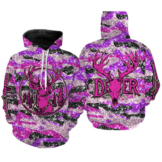 Maxcorners Pink glitter camo hunting Customize Name 3D All Over Printed Shirts, Deer hunting shirts for women LM2608
