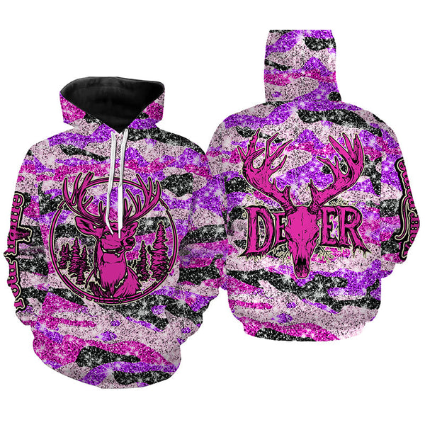 Maxcorners Pink glitter camo hunting Customize Name 3D All Over Printed Shirts, Deer hunting shirts for women LM2608