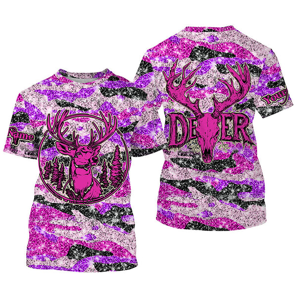 Maxcorners Pink glitter camo hunting Customize Name 3D All Over Printed Shirts, Deer hunting shirts for women LM2608