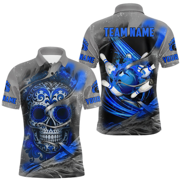 Maxcorners Blue Sugar Skull Tattoo Custom Mens Bowling Polo, Quarter Zip Shirts,Team Bowling Jerseys TU2310
