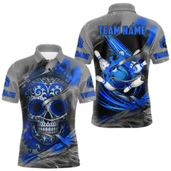 Maxcorners Blue Sugar Skull Tattoo Custom Mens Bowling Polo, Quarter Zip Shirts,Team Bowling Jerseys TU2310