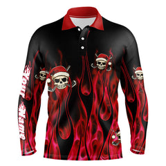 Maxcorners Black And Red Flame Golf Polo Shirts Custom Red Fire Santa Skull Christmas Golf Apparel