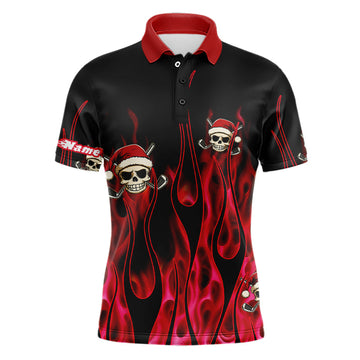 Maxcorners Black And Red Flame Golf Polo Shirts Custom Red Fire Santa Skull Christmas Golf Apparel