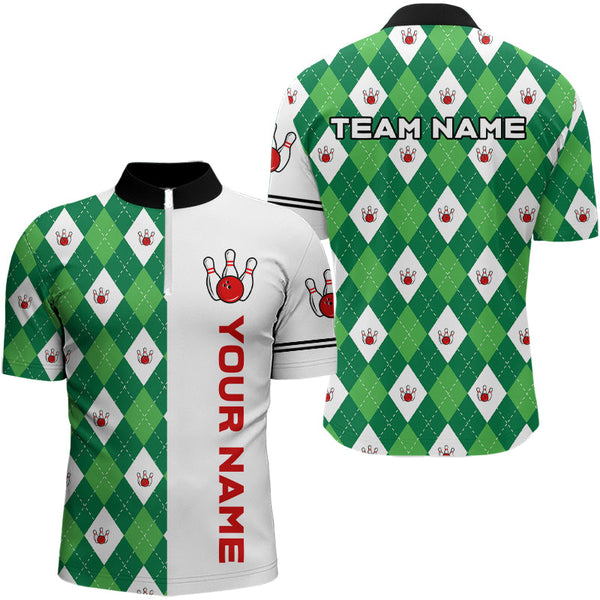 Maxcorners Personalized White And Green Argyle Pattern Bowling Shirts Custom Bowling Team Jerseys