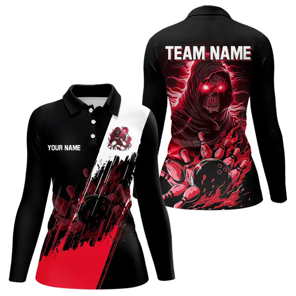 Maxcorners Black and Red Skull reaper bowling jerseys Polo, 1/4 Zip Shirt for Women Custom Bowling Team shirts