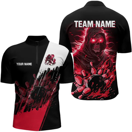 Maxcorners Black and Red Skull reaper bowling jerseys Polo, 1/4 Zip Shirt for Men Custom Bowling Team shirts