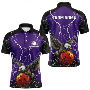 Maxcorners Men's bowling Polo, Quarter Zip shirt Custom Eagle bowling lightning storm team league jersey | Purple LM253