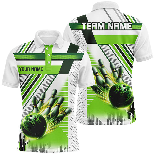 MaxCorners Bowling And Pins Green And White Bowling  Customized Name, Team Name 3D Polo Shirt For Men