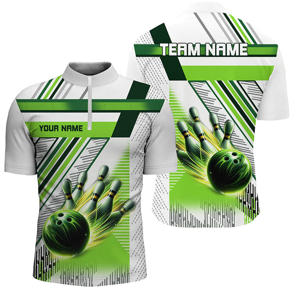 MaxCorners Bowling And Pins Green And White Customized Name, Team Name 3D Stand Collar Zipper Polo Shirt For Men