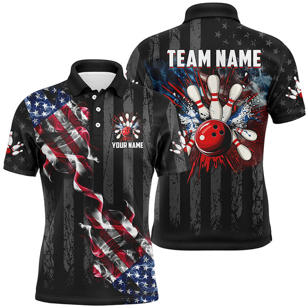 MaxCorners Bowling And Pins Black American Flag Smoke  Customized Name, Team Name 3D Polo Shirt For Men