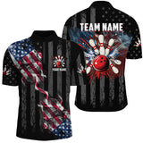 MaxCorners Bowling And Pins Black American Flag Smoke  Customized Name, Team Name 3D Polo Shirt For Men