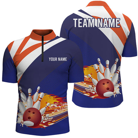 MaxCorners Bowling Ball And Pins Blue And Orange Pattern Customized Name, Team Name 3D Stand Collar Zipper Polo Shirt