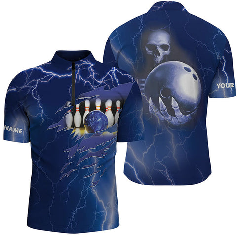 MaxCorners Bowling Ball And Pins Blue Lightning Customized Name, Team Name 3D Stand Collar Zipper Polo Shirt