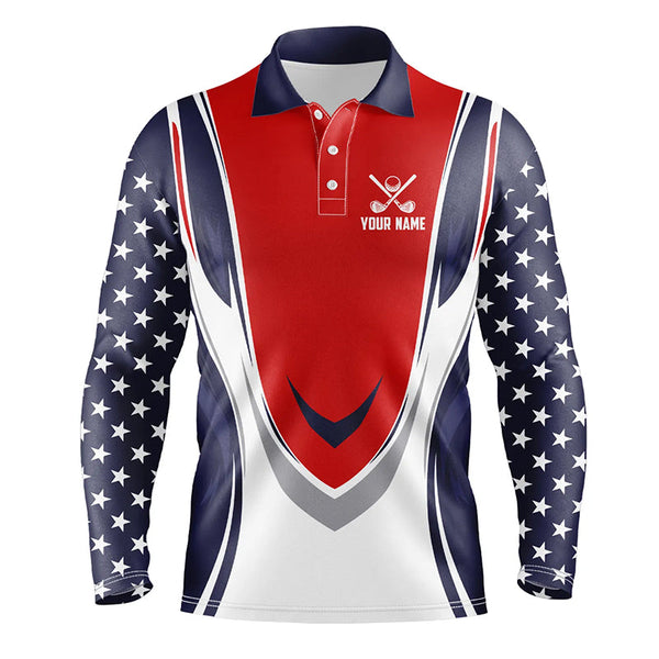 Maxcorners Red, white and blue American Flag Men golf polo shirts custom patriotic golf attire for men