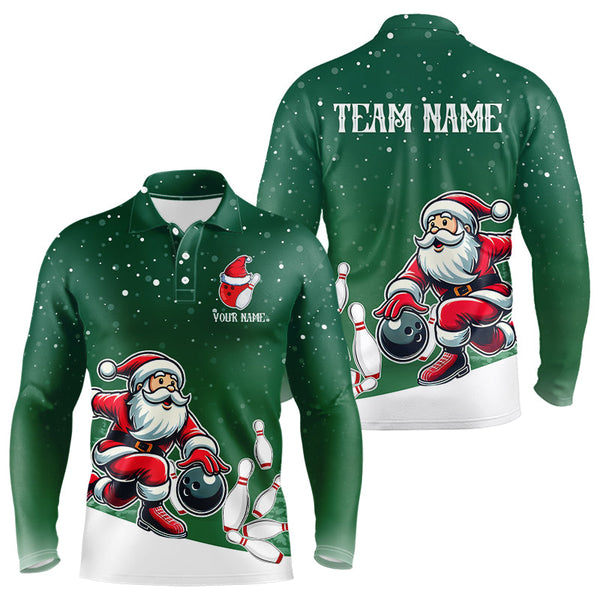 Maxcorners Christmas Santa Bowling Polo, Quarter Zip Shirt Custom Christmas Bowling Team Jersey | Green