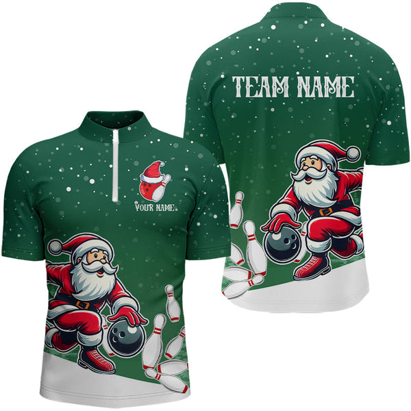 Maxcorners Christmas Santa Bowling Polo, Quarter Zip Shirt Custom Christmas Bowling Team Jersey | Green