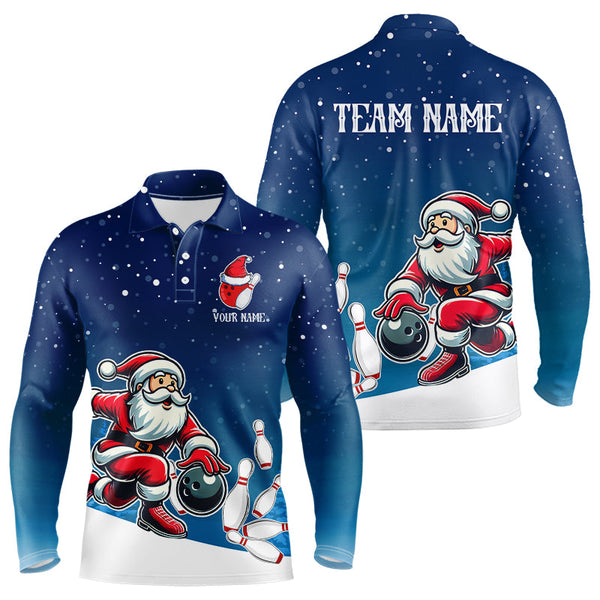 Maxcorners Christmas Santa Bowling Polo, Quarter Zip Shirt Custom Christmas Bowling Team Jersey | Blue