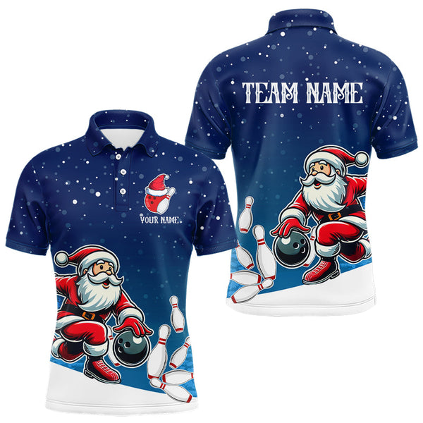 Maxcorners Christmas Santa Bowling Polo, Quarter Zip Shirt Custom Christmas Bowling Team Jersey | Blue