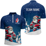 Maxcorners Christmas Santa Bowling Polo, Quarter Zip Shirt Custom Christmas Bowling Team Jersey | Blue